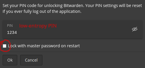 PIN Config Window with a low-entropy PIN entered into the PIN field and the 'Lock with master password on restart' option unchecked